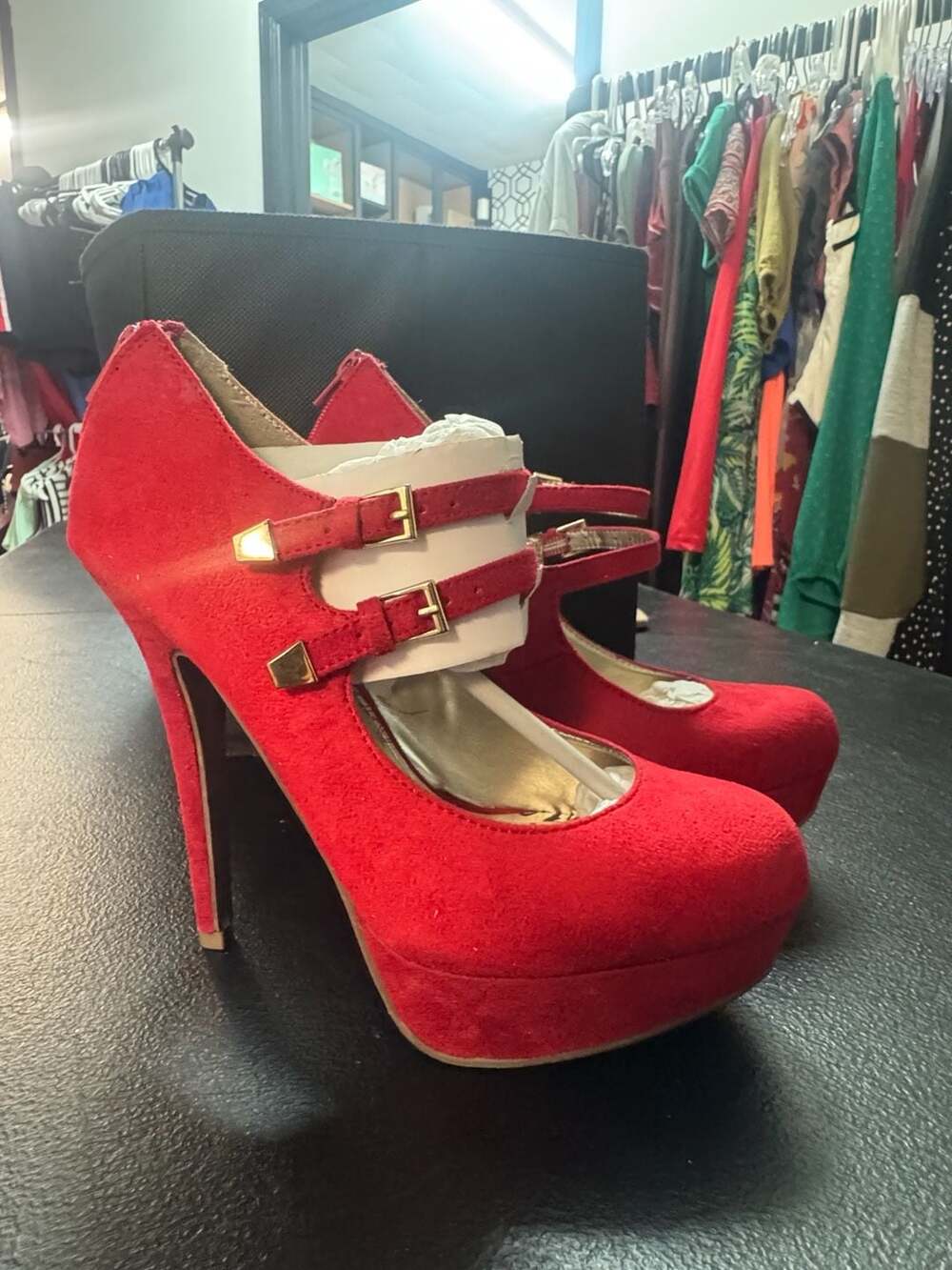 Material Girl Red Faux Suede Platform High Heel Mary Jane Pumps
